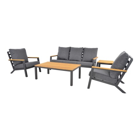 Gartenlounge-Set >Donnan< 3-Sitzer, 2 Sessel, Tisch, Beistelltisch, Aluminium anthrazit, Bambus