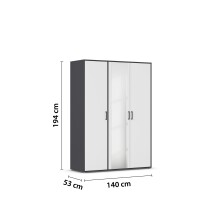 Drehtürenschrank >Voyager< 4 Böden, 1 Stange, weiß / Spiegel / grau - 140x194x53cm (B/H/T)