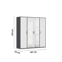 Drehtürenschrank >Voyager< 7 Böden, 1 Stange, weiß / Spiegel / grau - 187x194x53cm (B/H/T)