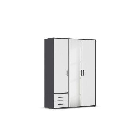Drehtürenschrank >Voyager< 2 Schübe, 3 Böden, weiß / Spiegel / grau - 140x194x53cm (B/H/T)