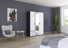 Drehtürenschrank >Voyager< 2 Schübe, 3 Böden, weiß / Spiegel / grau - 140x194x53cm (B/H/T)