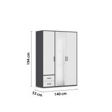 Drehtürenschrank >Voyager< 2 Schübe, 3 Böden, weiß / Spiegel / grau - 140x194x53cm (B/H/T)