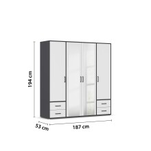 Drehtürenschrank >Voyager< 4 Schübe, 5 Böden, weiß / Spiegel / grau - 187x194x53cm (B/H/T)