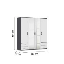 Drehtürenschrank >Voyager< 4 Schübe, 5 Böden, weiß / Spiegel / grau - 187x194x53cm (B/H/T)