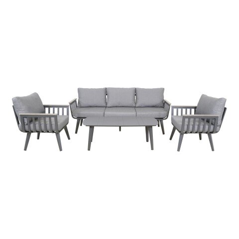 Loungeset >Amalfi< 3-Sitzer, 2 Sessel, Tisch, mit Kissen, Alu grau / grau