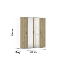 Drehtürenschrank >Voyager< 7 Böden, Eiche Artisan Dekor / Spiegel / weiß - 187x194x53cm (B/H/T)