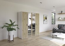 Drehtürenschrank >Voyager< 7 Böden, Eiche Artisan Dekor / Spiegel / weiß - 187x194x53cm (B/H/T)
