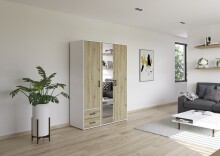 Drehtürenschrank >Voyager< 2 Schübe, Eiche Artisan Dekor / Spiegel / weiß - 140x194x53cm (B/H/T)