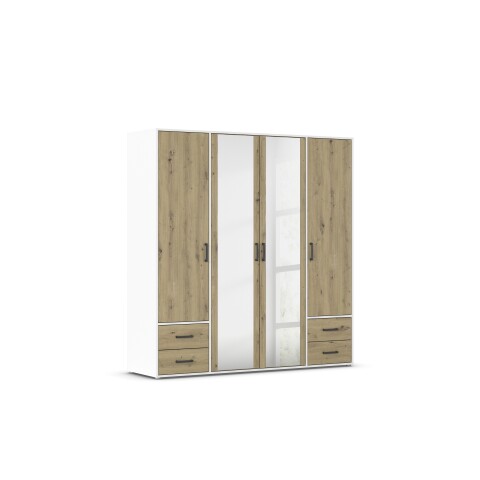 Drehtürenschrank >Voyager< 4 Schübe, Eiche Artisan Dekor / Spiegel / weiß - 187x194x53cm (B/H/T)