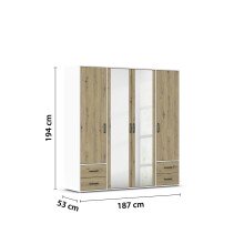 Drehtürenschrank >Voyager< 4 Schübe, Eiche Artisan Dekor / Spiegel / weiß - 187x194x53cm (B/H/T)
