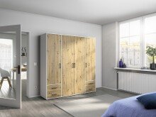 Drehtürenschrank >Voyager< 4 Schübe, 5 Böden, Eiche Artisan Dekor / weiß - 187x194x53cm (B/H/T)