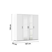 Drehtürenschrank >Voyager< 4 Türen, 7 Böden, 1 Stange, weiß / Spiegel - 187x194x53cm (B/H/T)