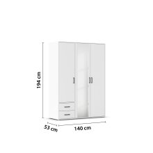 Drehtürenschrank >Voyager< 2 Schübe, 3 Böden, 1 Stange, weiß / Spiegel - 140x194x53cm (B/H/T)