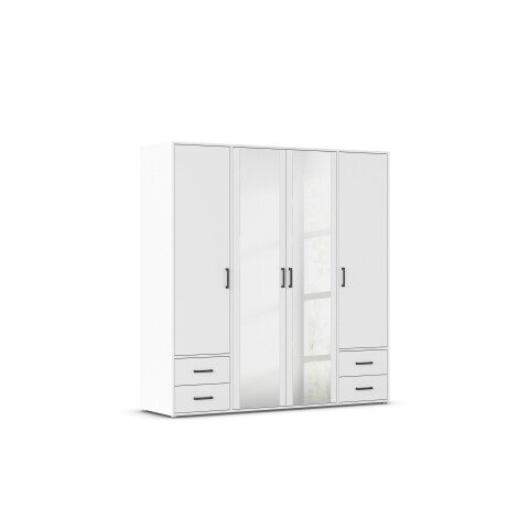 Drehtürenschrank >Voyager< 4 Schübe, 5 Böden, 1 Stange, weiß / Spiegel - 187x194x53cm (B/H/T)