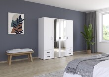 Drehtürenschrank >Voyager< 4 Schübe, 5 Böden, 1 Stange, weiß / Spiegel - 187x194x53cm (B/H/T)