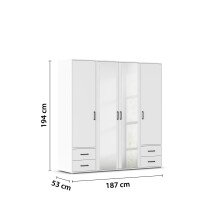 Drehtürenschrank >Voyager< 4 Schübe, 5 Böden, 1 Stange, weiß / Spiegel - 187x194x53cm (B/H/T)