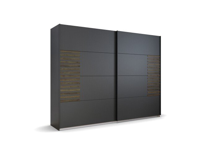 Schwebetürenschrank >Barea< 3 Böden, 3 Stangen, Eiche dunkel Dekor / grau - 271x210x62cm (B/H/T)