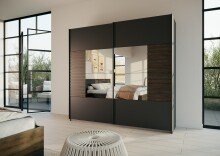 Schwebetürenschrank >Barea< 2 Böden, 2 Stangen, Eiche dunkel Dekor / grau - 226x210x62cm (B/H/T)