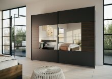Schwebetürenschrank >Barea< 3 Böden, 3 Stangen, Eiche dunkel Dekor / grau - 271x210x62cm (B/H/T)