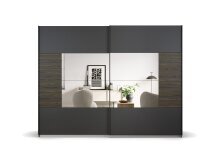 Schwebetürenschrank >Barea< 3 Böden, 3 Stangen, Eiche dunkel Dekor / grau - 271x210x62cm (B/H/T)