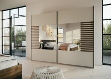 Schwebetürenschrank >Barea< 3 Böden, 3 Stangen, Eiche dunkel Dekor/Champagner - 271x210x62cm B/H/T