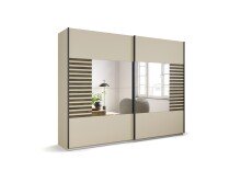 Schwebetürenschrank >Barea< 3 Böden, 3 Stangen, Eiche dunkel Dekor/Champagner - 271x210x62cm B/H/T