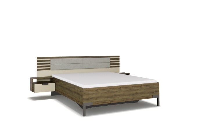 Bettanlage >Barea< Eiche dunkel Dekor / Champagner, Stoff cream - 262x95x207cm (B/H/T)