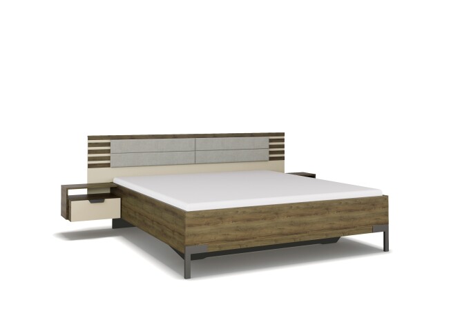 Bettanlage >Barea< Eiche dunkel Dekor / Champagner, Stoff cream - 282x95x207cm (B/H/T)