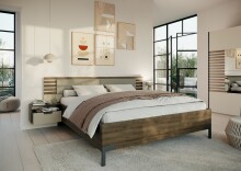 Bettanlage >Barea< Eiche dunkel Dekor / Champagner, Stoff cream - 282x95x207cm (B/H/T)