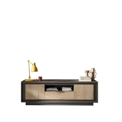 Lowboard >Siena< 2 Türen, 1 Schub, Lava anthrazit, Cadiz Eiche Dekor - 180x58x50 BxHxT