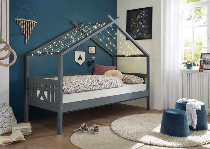 Kinderbett >Liliane< Himmelbett, grau lackiert, Kiefer massiv - 209x170x98cm (BxHxT)