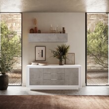 Sideboard >Siena< 2 Türen, 3 Schübe, Weiss Lack matt / Beton-Optik - 180x80x50 (BxHxT)