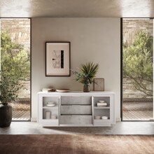 Sideboard >Siena< 2 Türen, 3 Schübe, Weiss Lack matt / Beton-Optik - 180x80x50 (BxHxT)