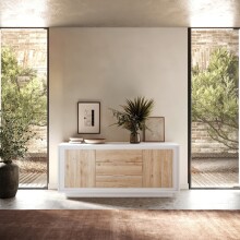 Sideboard >Siena< 2 Türen, 3 Schübe, Weiss Lack matt / Eiche Dekor - 180x80x50 (BxHxT)