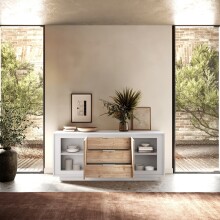 Sideboard >Siena< 2 Türen, 3 Schübe, Weiss Lack matt / Eiche Dekor - 180x80x50 (BxHxT)