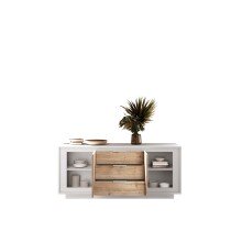Sideboard >Siena< 2 Türen, 3 Schübe, Weiss Lack matt / Eiche Dekor - 180x80x50 (BxHxT)