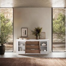 Sideboard >Siena< 2 Türen, 3 Schübe, Weiss Lack matt/Mercure Eiche Dekor 180x80x50 B/H/T