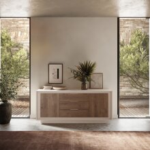 Sideboard >Siena< 2 Türen, 3 Schübe, Cashmere / Mercure Eiche Dekor - 180x80x50 (BxHxT)