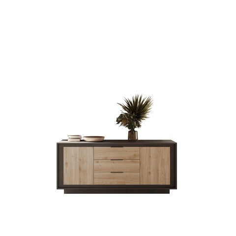 Sideboard >Siena< 2 Türen, 3 Schübe, Lava anthrazit/ Cadiz Eiche Dekor - 180x80x50 BxHxT