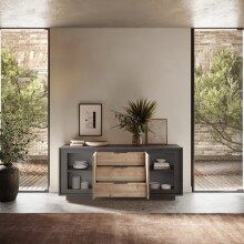 Sideboard >Siena< 2 Türen, 3 Schübe, Lava anthrazit/ Cadiz Eiche Dekor - 180x80x50 BxHxT