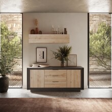 Sideboard >Siena< 2 Türen, 3 Schübe, Lava anthrazit/ Cadiz Eiche Dekor - 180x80x50 BxHxT