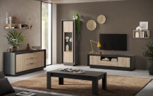 Sideboard >Siena< 2 Türen, 3 Schübe, Lava anthrazit/ Cadiz Eiche Dekor - 180x80x50 BxHxT