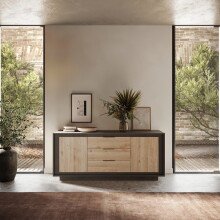 Sideboard >Siena< 2 Türen, 3 Schübe, Lava anthrazit/ Cadiz Eiche Dekor - 180x80x50 BxHxT