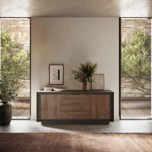Sideboard >Siena< 2 Türen, 3 Schübe, Lava anthrazit/ Mercure Eiche Dekor 180x80x50 BxHxT