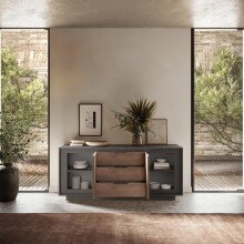 Sideboard >Siena< 2 Türen, 3 Schübe, Lava anthrazit/ Mercure Eiche Dekor 180x80x50 BxHxT
