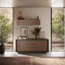 Sideboard >Siena< 2 Türen, 3 Schübe, Lava anthrazit/ Mercure Eiche Dekor 180x80x50 BxHxT