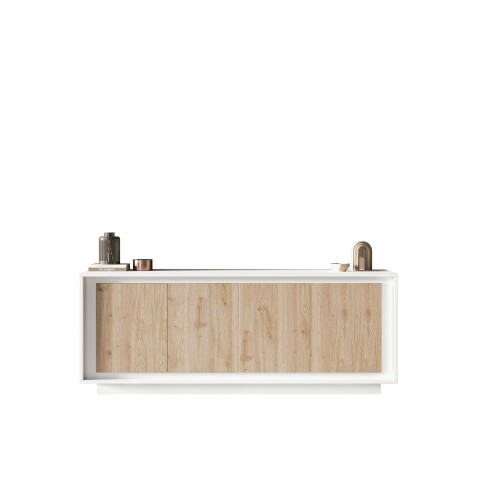 Sideboard >Siena< 4 Türen, Weiss Lack matt / Cadiz Eiche Dekor - 207x80x50 (BxHxT)