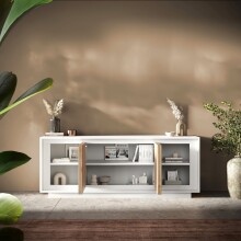 Sideboard >Siena< 4 Türen, Weiss Lack matt / Cadiz Eiche Dekor - 207x80x50 (BxHxT)