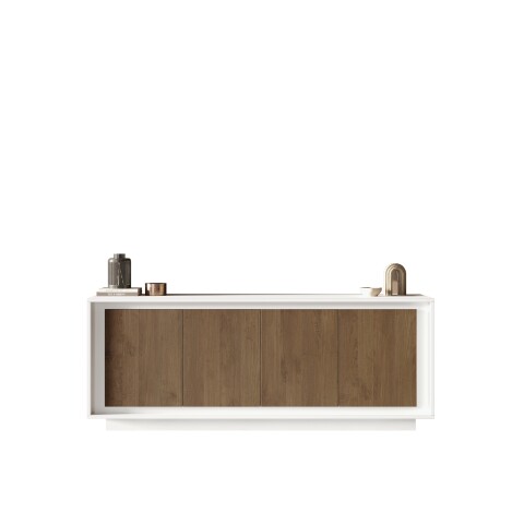 Sideboard >Siena< 4 Türen, Weiss Lack matt / Mercure Eiche Dekor - 207x80x50 (BxHxT)