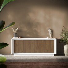 Sideboard >Siena< 4 Türen, Weiss Lack matt / Mercure Eiche Dekor - 207x80x50 (BxHxT)